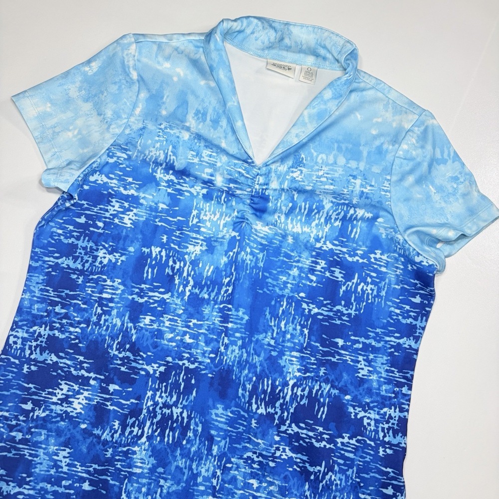 Chico's Zenergy Golf Top Womens 0 Blue Abstract Print Short Sleeve Athletic Polo